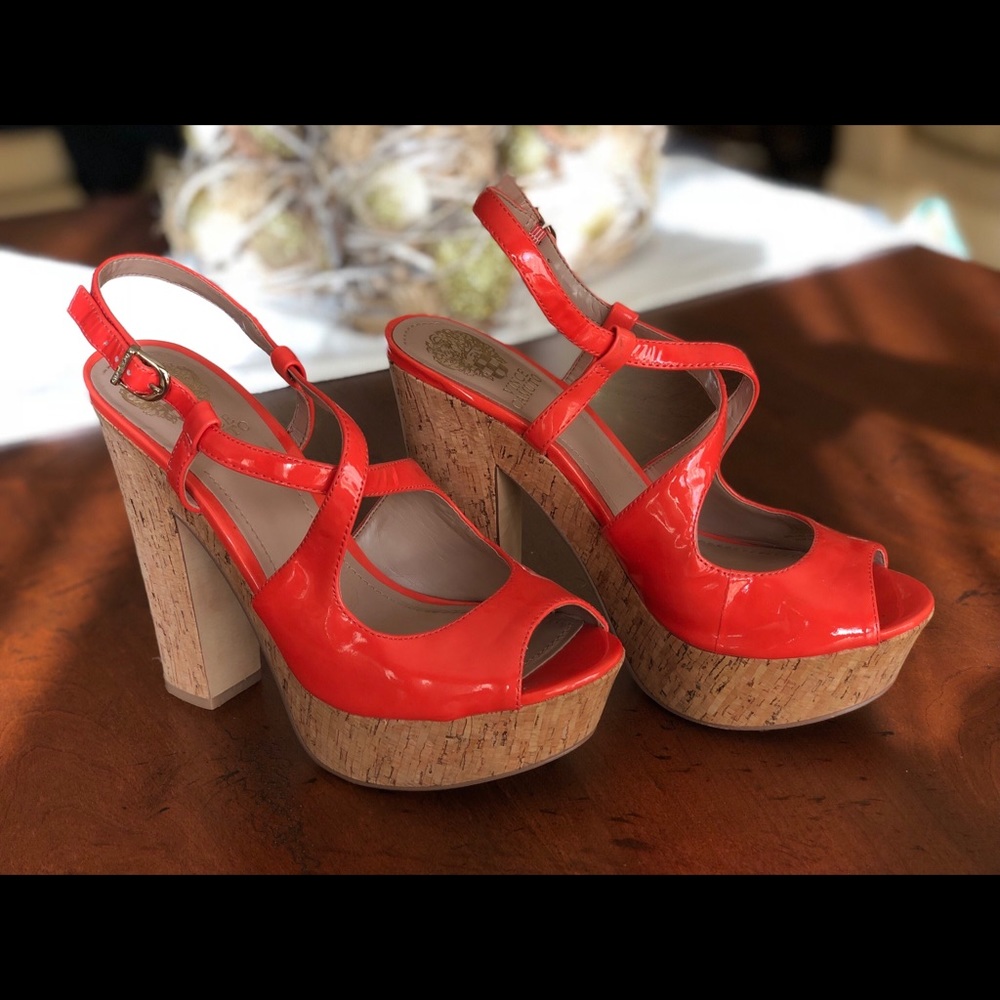 Vince Camuto Orange patent leather platform.